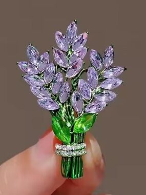 Lavender Bouquet Crystal Brooch - Green & Purple